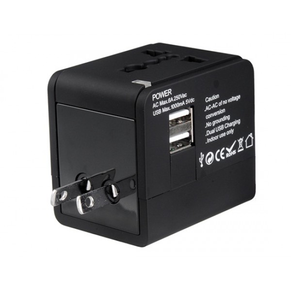 Dual USB Universal World Travel Power Adapter with AU/US/EU/UK Plugs & LED Indicator Light (Black)