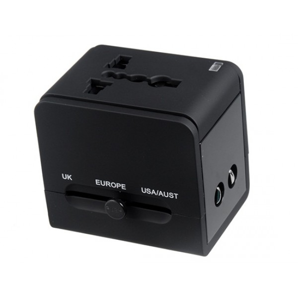 Dual USB Universal World Travel Power Adapter with AU/US/EU/UK Plugs & LED Indicator Light (Black)