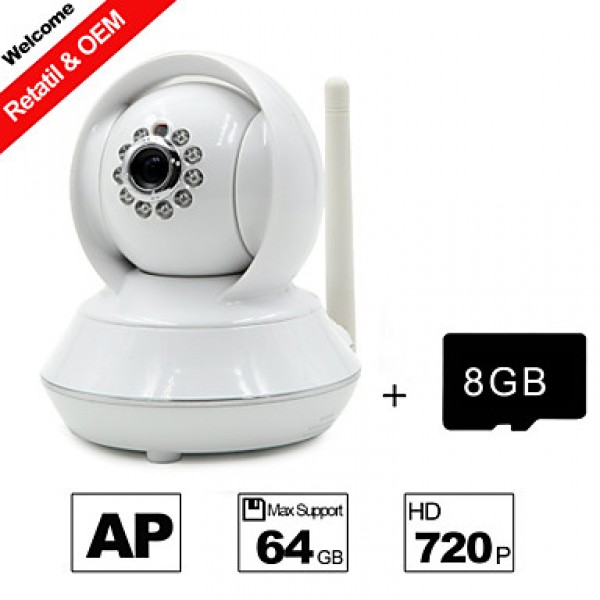 8GB TF Card and HD720P H.264 P2P WIFI Camera IP 1.0M Pixels PTZ IR Night Vision Wired or Wirless Camera WIFI